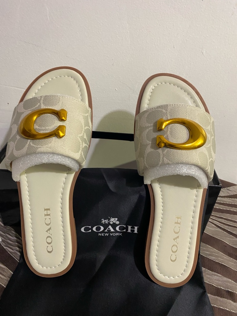 COACH Cream Signature Slide Sandals with Gold 'C' Accent - Picture 3 of 9